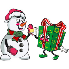 green gift box cartoon character and stars pattern with a red ribbon isolated vector illustration giving snowman a high five, the concept of birthday, christmas, new year, work of hand drawn