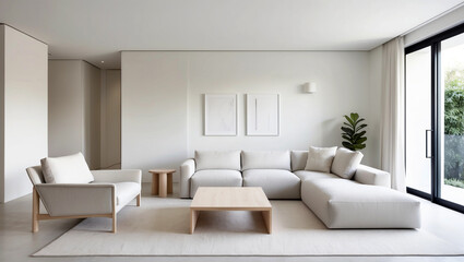 The living room is clean, minimalist and open with soft white, cream and light gray colors and a neutral combination of wooden furniture