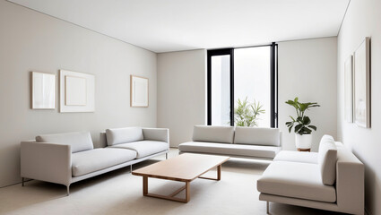 Fototapeta premium The living room is clean, minimalist and open with soft white, cream and light gray colors and a neutral combination of wooden furniture