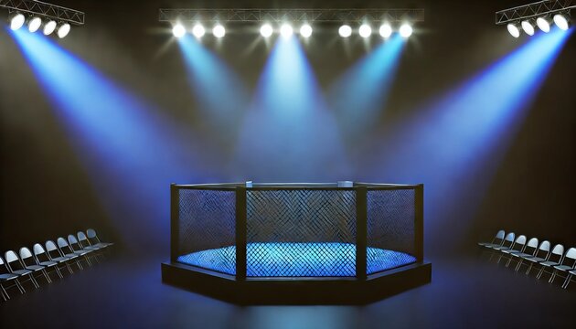 dramatic shot of an empty MMA fighting ring, illuminated by blue spotlights in a dark arena