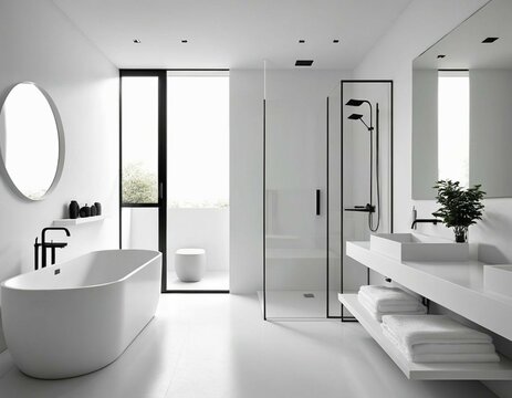 Dise&ntilde;o de interior de ba&ntilde;o moderno y minimalista en tonos fr&iacute;os, dise&ntilde;o limpio y est&eacute;tico 