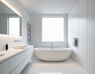 Diseño de interior de baño moderno y minimalista en tonos fríos, diseño limpio y estético 