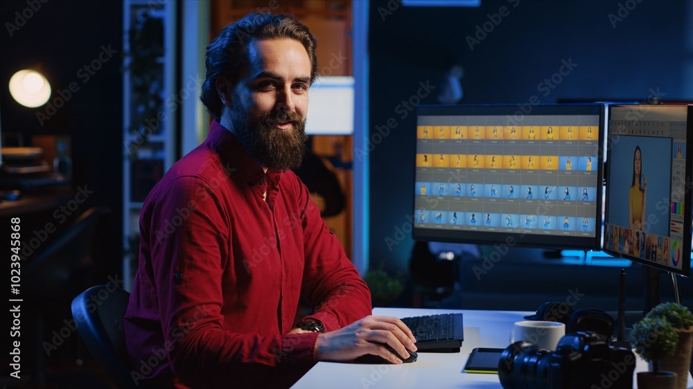 Poster happy photographer using retouching program to edit images on computer monitors. portrait of smiling