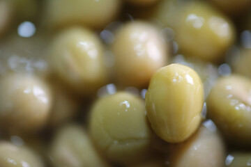 Macro shot of processed peas in the can