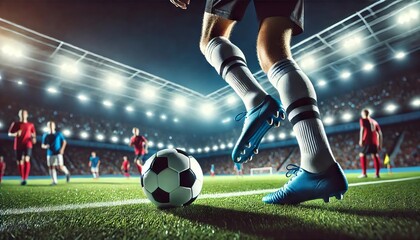 Close-up of a Soccer Ball on the Pitch with a Player Preparing for a Kick in a Stadium Under Bright Lights During a Nighttime Match
