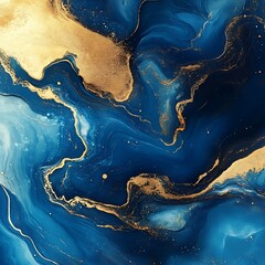 An abstract artwork featuring swirling blue and gold patterns, evoking a sense of fluidity and depth.