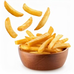 Falling french fries, potato fry isolated on white background, full depth of field