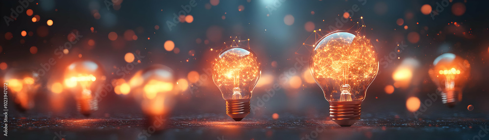 Poster macro shot of glowing bokeh light bulbs transforming into illuminated brain neurons, symbolizing inn