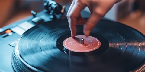 carefully placing a vinyl record onto a turntable, ready to play a classic album