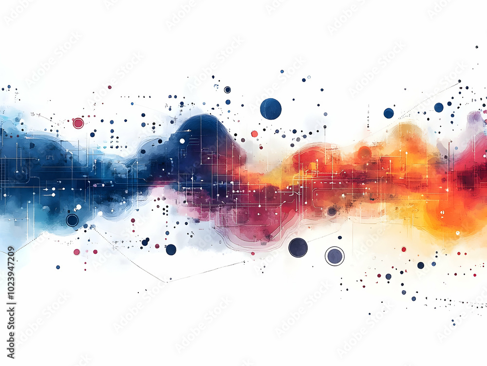 Poster flat abstract watercolor swirls with tech elements: a harmonious blend of artistic creativity & digi