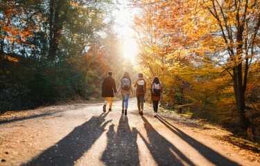 Fototapeta premium Four people walk along a forest path in the sunlight. The trees are in the background and the sun shines through the leaves.