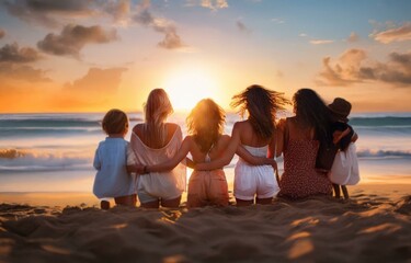 Five friends stand together on a beach, arms around each other, watching a sunset.