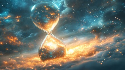 An hourglass where galaxies fall, but never reach the bottom, suspended in a void where time stands still, Metaphysical, Surreal, Cosmic, Soft Glow, Dreamlike