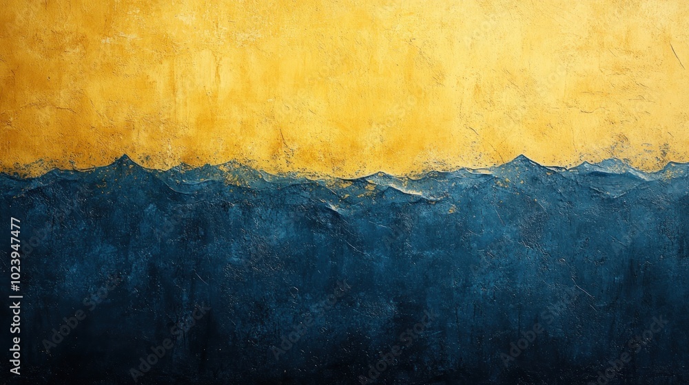 Poster a close-up of a textured wall with a yellow upper section and a blue lower section, creating an abst