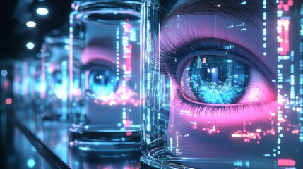 Obraz premium Floating jars of eyes in a futuristic digital space, each projecting virtual landscapes, with neon grids in the background, Avant-garde, Surreal, Sci-fi, High-tech Aesthetic
