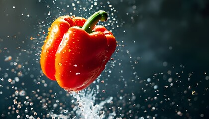 Fresh Red Bell Pepper with Water Splash Effect