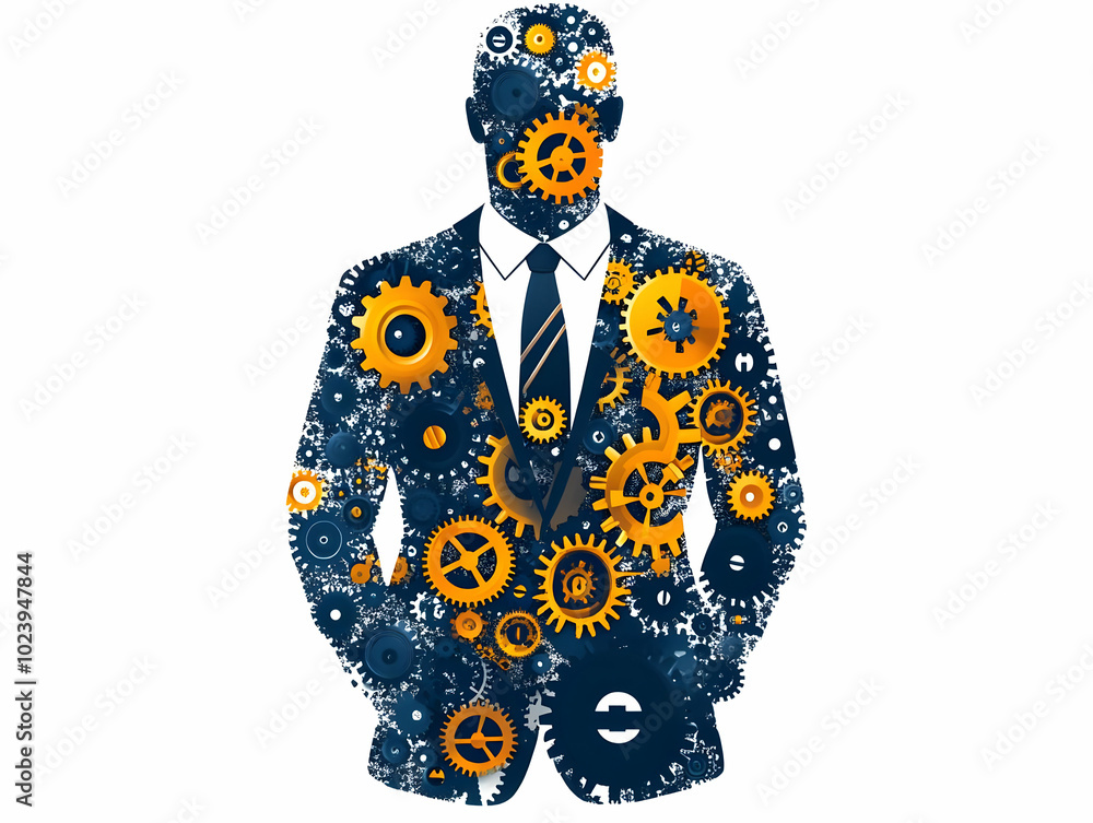 Poster flat vector illustration of business suit filled with gears and cogs symbolizing business operations