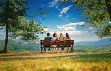 Four friends sit on a bench, facing away from the camera, and gazing at the distant mountains.