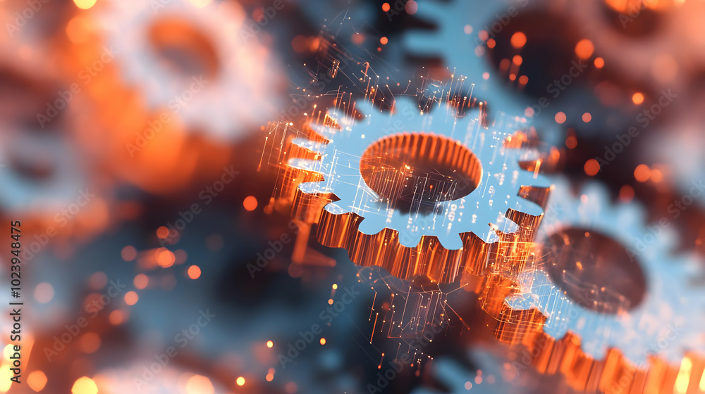Poster 3d soft focus gears blending with abstract data flow: close-up of mechanical gears transitioning int