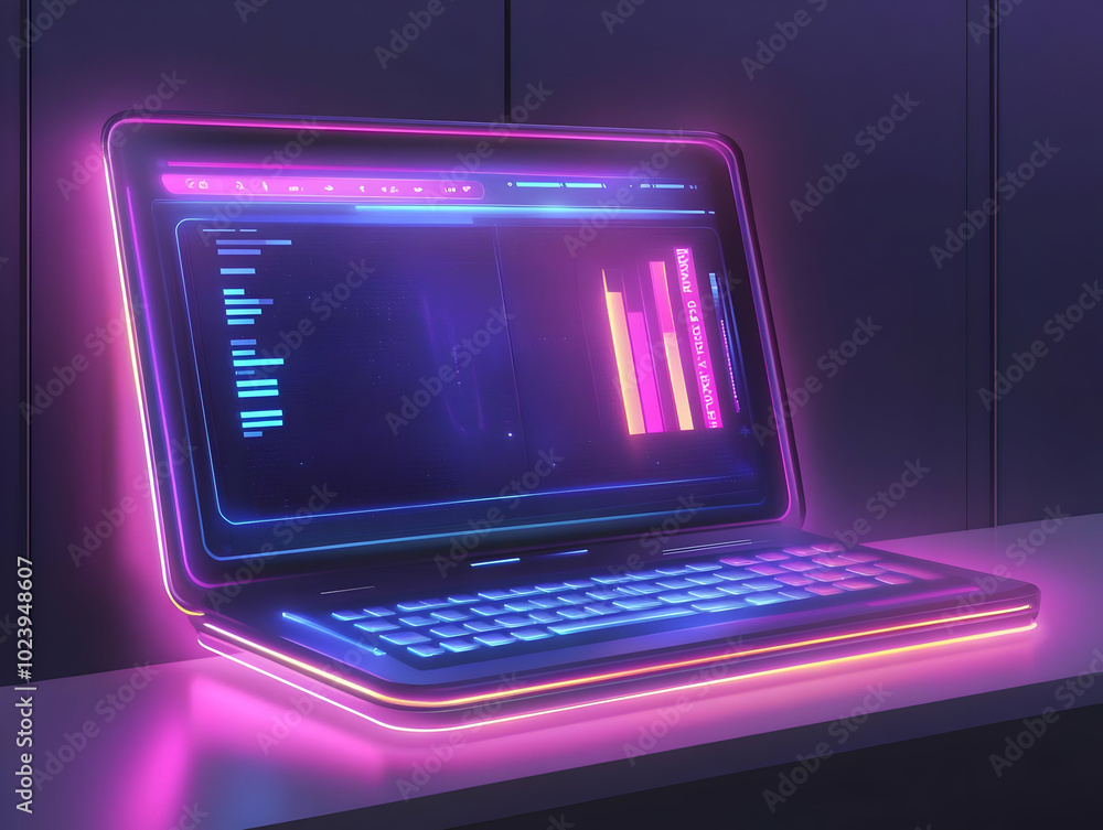 Poster futuristic flat laptop with holographic keyboard hovering above a clean desk - concept illustrating 
