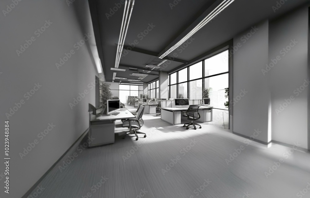Poster an empty office space with large windows and a view of the city. the walls are white and the floor i