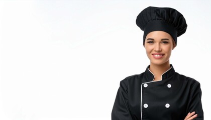 Woman in cook black uniform, hat and holding plate on white background.