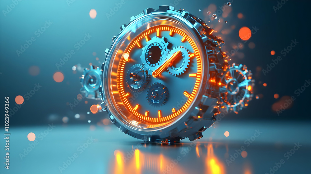 Poster 3d floating holographic clock with glowing gears: a minimalist concept showcasing growth timelines a