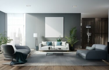 Fototapeta premium Modern living room with a large white sofa and a large blank framed picture above it.