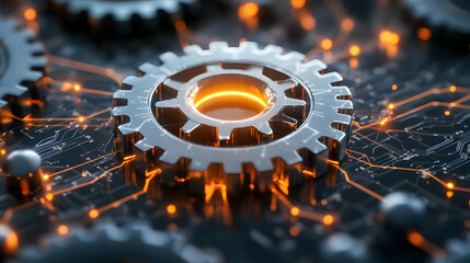 3D Floating Cogwheel with Glowing Connections: Symbol of Mastery in Innovation and Engineering Trends, Isolated on White Background