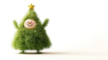 a cute fluffy cartoon decorated christmas tree dancing on white background with copy space