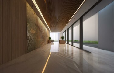 A modern hallway with a wooden ceiling, a wood-paneled wall, and a marble floor.
