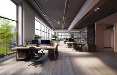 A modern office space with large windows, wooden floors, and a view of greenery.