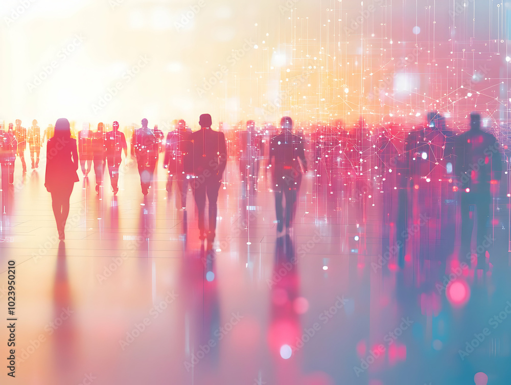 Poster flat blurred silhouettes networking: dynamic connections in a digital business environment | vector 