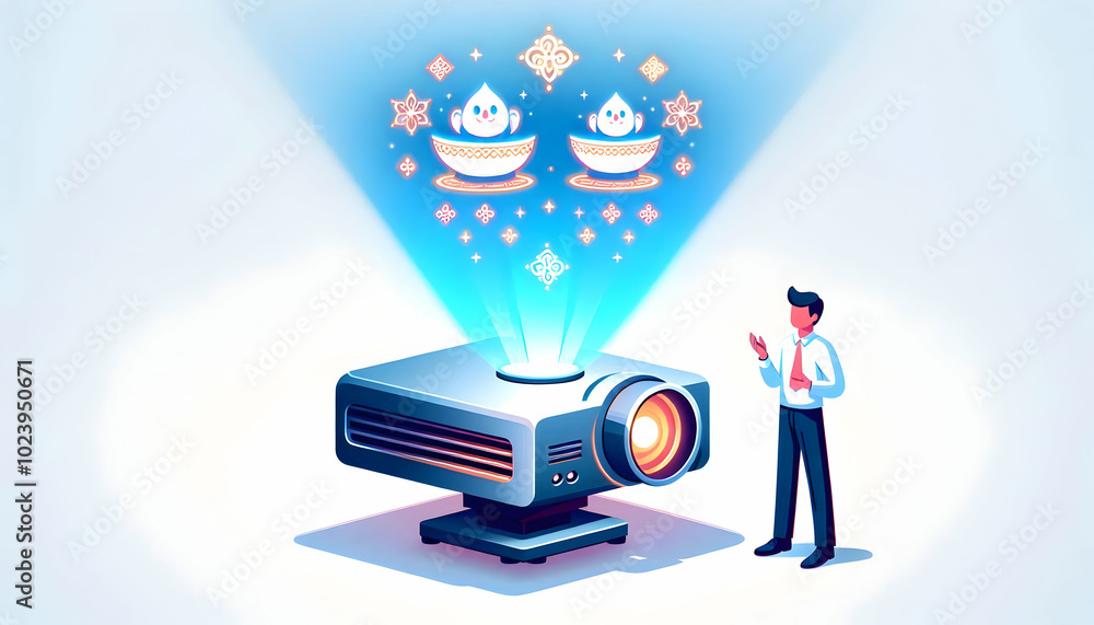 Aufkleber flat projector with floating holographic bhai dooj icons creating a festive atmosphere in a clean ve