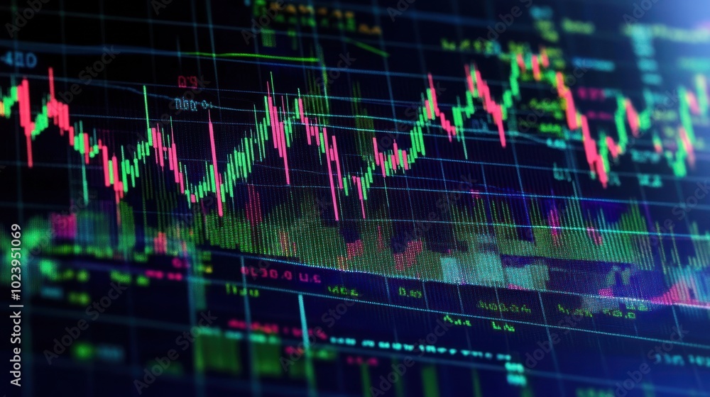 Poster close-up of a stock market chart with fluctuating lines in red and green.