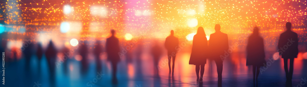 Poster blurred silhouettes networking with glowing light trails - dynamic human figures connected in a digi
