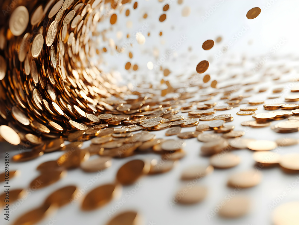 Aufkleber flat soft focus coins spinning into a vortex: captivating medium shot illustrating wealth accumulati