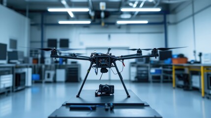 Fototapeta premium Drone with Camera in Modern Industrial Workshop Setup