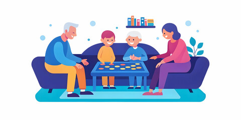 A Warm Image of a Young Couple and Their Grandparents Playing Board Games in a Cozy Living Room, Showcasing Family Bonding Across Generations with Space for Text
