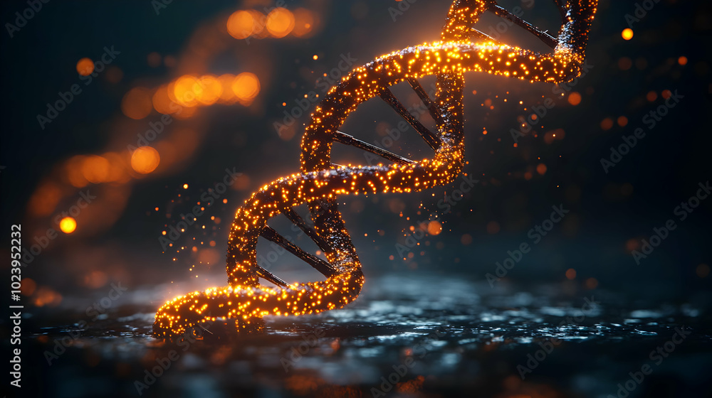 Aufkleber 3d glowing dna helix with ai data streams concept: slow zoom-out reveals luminous helix above reflec