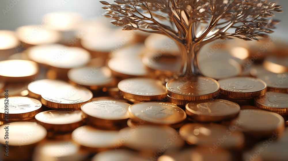 Aufkleber 3d soft focus coins forming tree shape - abstract wealth concept with close-up of coins arranged in 