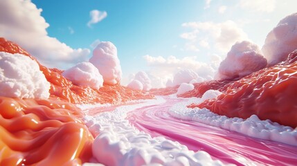 A surreal chocolate landscape with rivers of flowing liquid cocoa, floating candy islands, and virtual clouds made of whipped cream, Dreamlike, Avant-garde, 3D Render