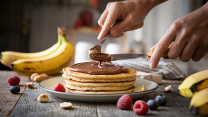 hands spreading Nutella on banana pancake, ingredients scattered nearby