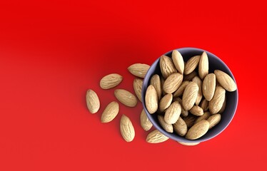 Almonds in a white bowl on red background. Shelled, raw, whole and dried nuts, botanically drupes, seeds and fruits of Prunus dulcis.