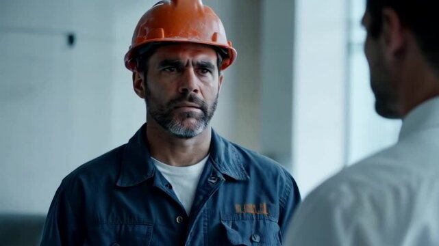 focused construction worker and skeptical client discussing project, serious construction worker and doubtful client in meeting