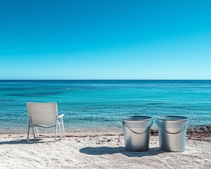 Ecofriendly cleaning products in a bucket placed near two chairs on a sandy beach, with a view of the calm sea and clear sky, representing peaceful coastal relaxation