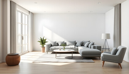 Interior of light living room with grey sofa, coffee table, armchair and big window isolated with white highlights, png