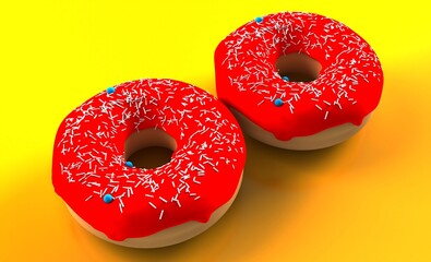 Close up pretty red donut on table scene	