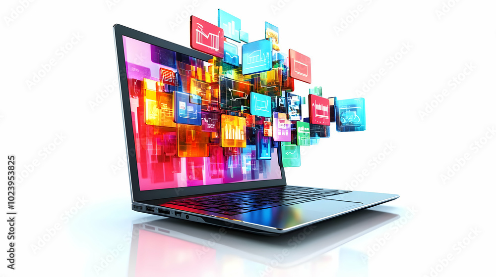 Poster 3d glossy laptop with holographic e-commerce storefront concept - medium shot displaying projected r