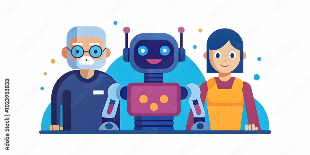 Poster close up of futuristic robotic assistant in action with teenager and elderly grandparent - macro sho